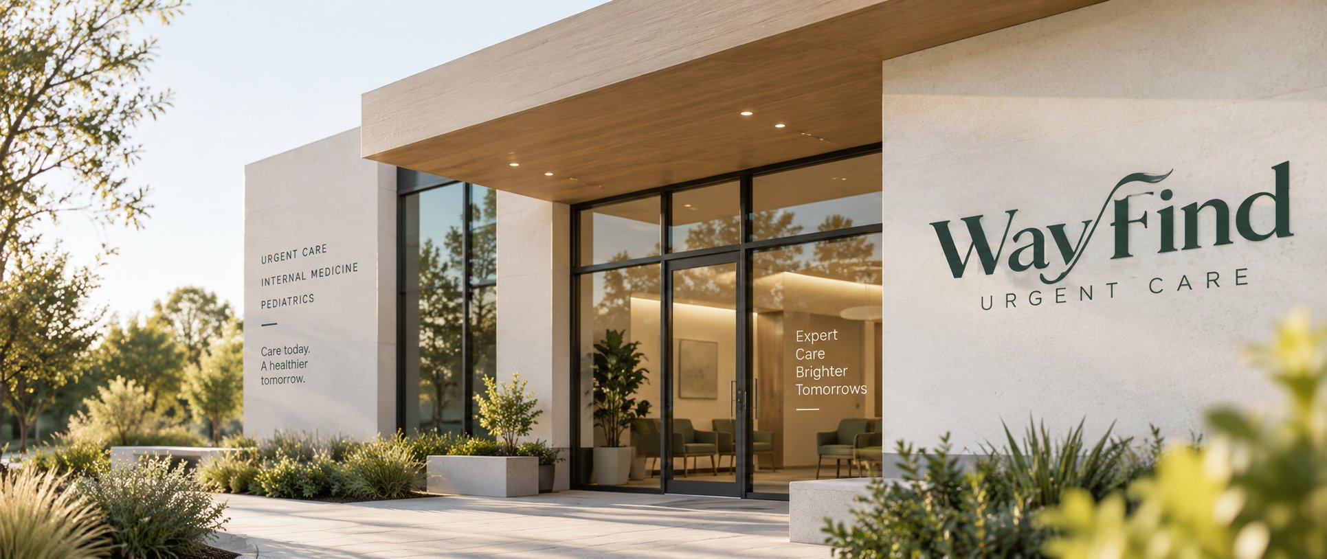 WayFind Urgent Care clinic exterior with signage for urgent care, internal medicine and pediatrics